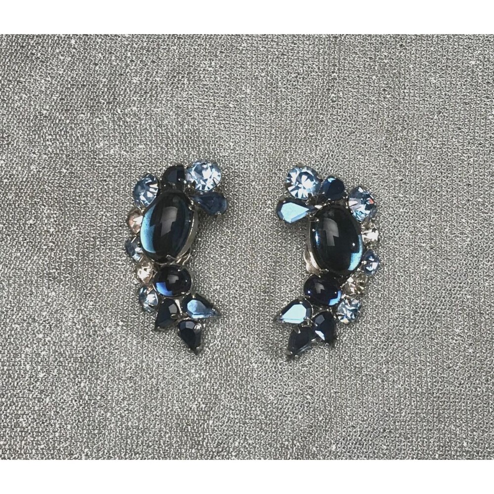 Vintage 50s Blue Rhinestone Earrings 1950s Retro Glam Cocktail Climber Clip Ons
